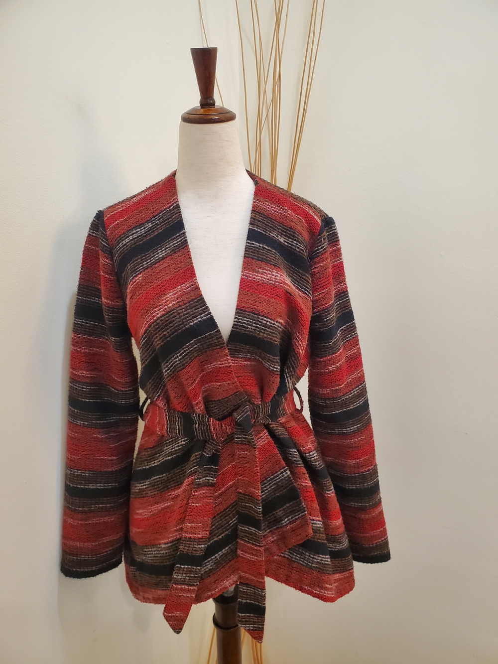 Jack By BB Dakota Striped Red Multi Knit Wrap Jacket with Belt